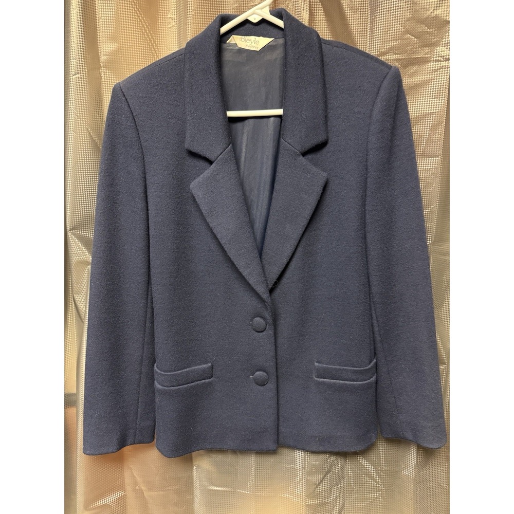 VNTG BLEYLE 100% Pure Wool Navy Blue Blazer Women's Size  4 Petite Single Breast